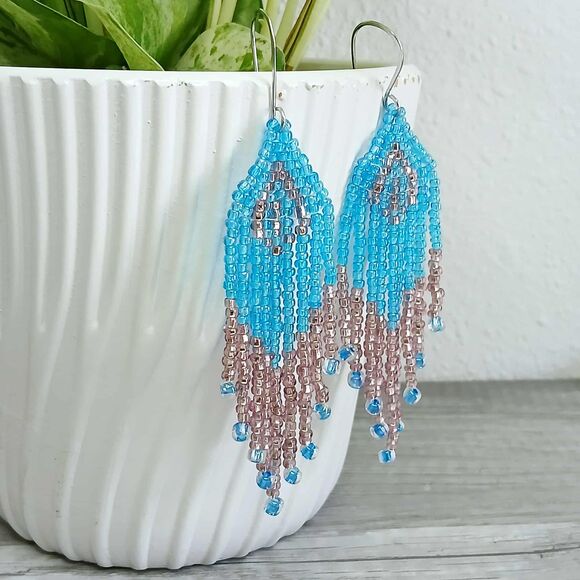 Blue & Pink Beaded Fringe Cascade Dangle Earrings, Seed Bead Jewelry, 4" - Picture 5 of 8